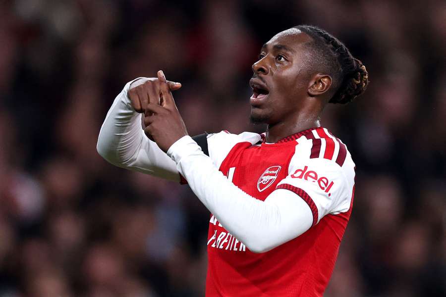 Eberechi Eze celebrates after scoring Arsenal's second goal against Lille