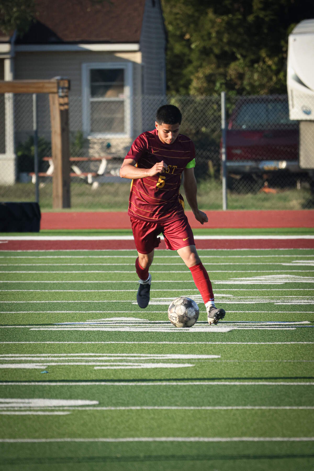 Wichita West senior captain Kevin Pacheco patrols the field for the Pioneers during a game this season. The center back returned to the team in September after completing U.S. Army basic training in South Carolina.