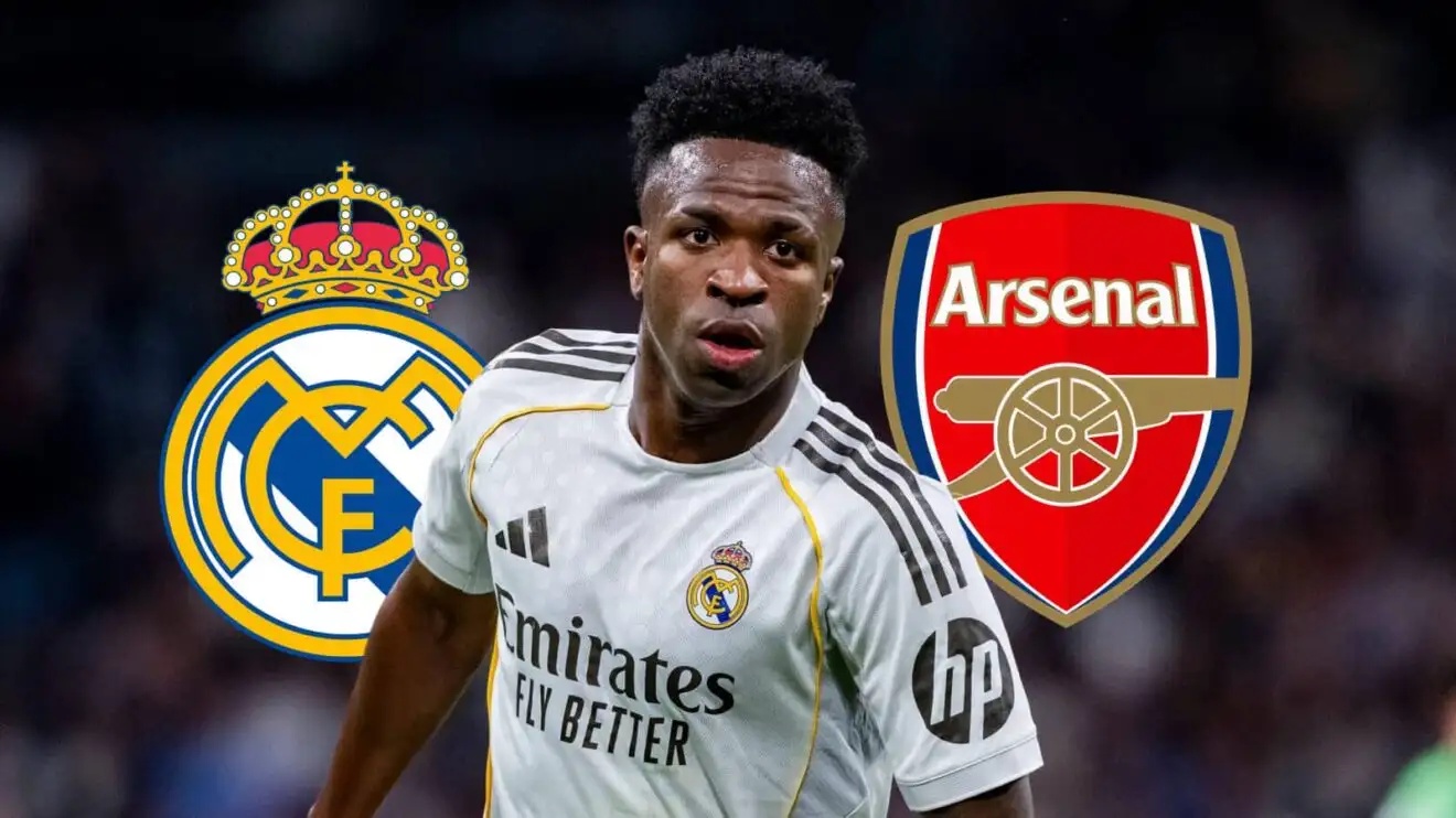 Real Madrid badge, Vinicius Junior and Arsenal badge - copyright F365