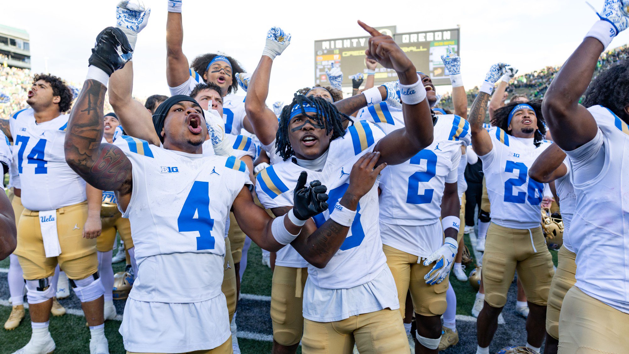 The UCLA Bruins celebrate their win against the Oregon Ducks at Autzen Stadium on Oct. 10, 2026 in Eugene, Oregon.