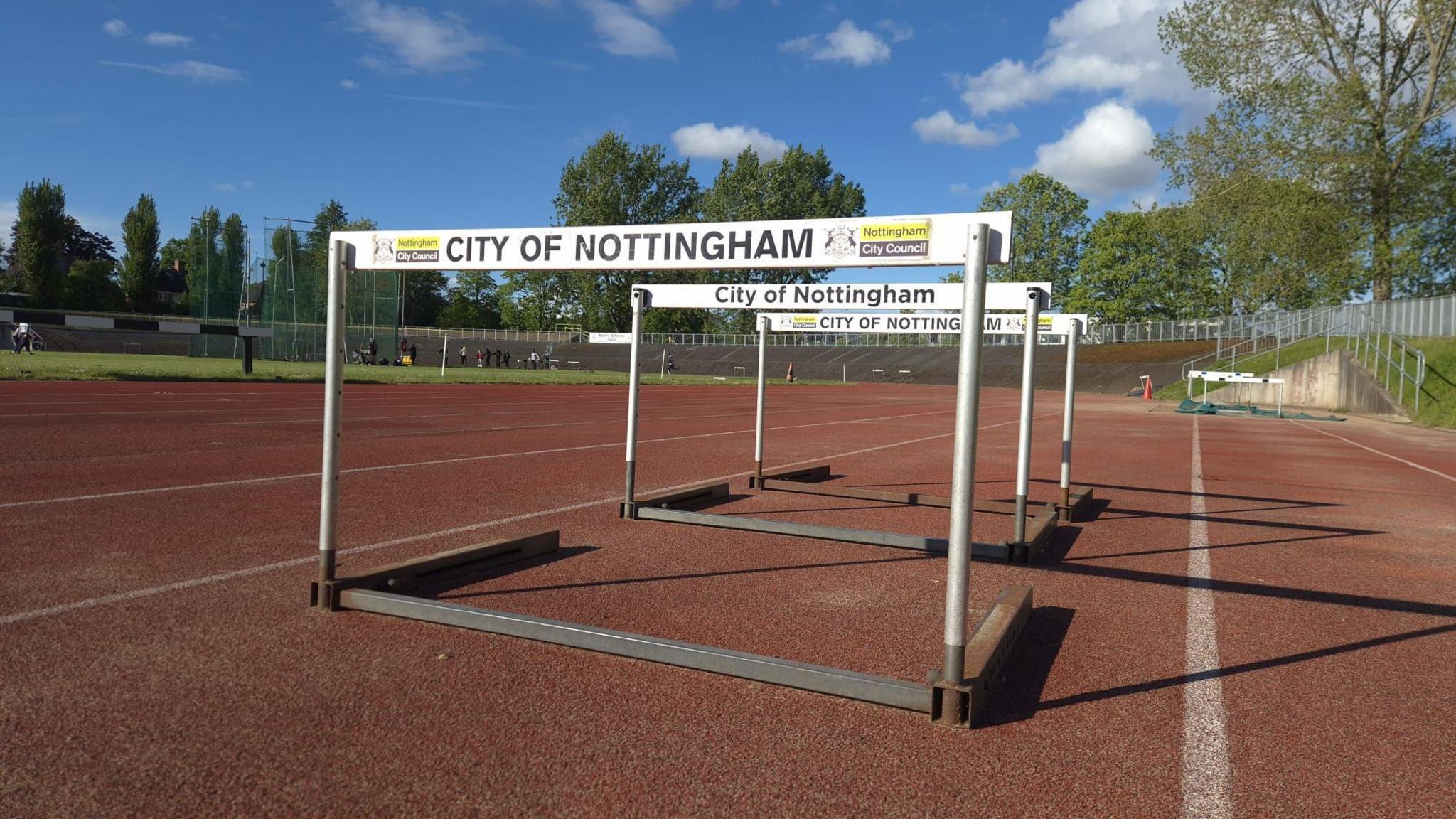 Hurdles on the track at Harvey Hadden Stadium.