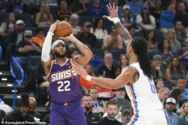 Phoenix Suns forward Miles Bridges (22) looks to shoot over Oklahoma City Thunder forward Jaylin Williams (6) during the first half of an NBA basketball game, Monday, Oct. 26, 2026, in Oklahoma City. (AP Photo/Kyle Phillips)
