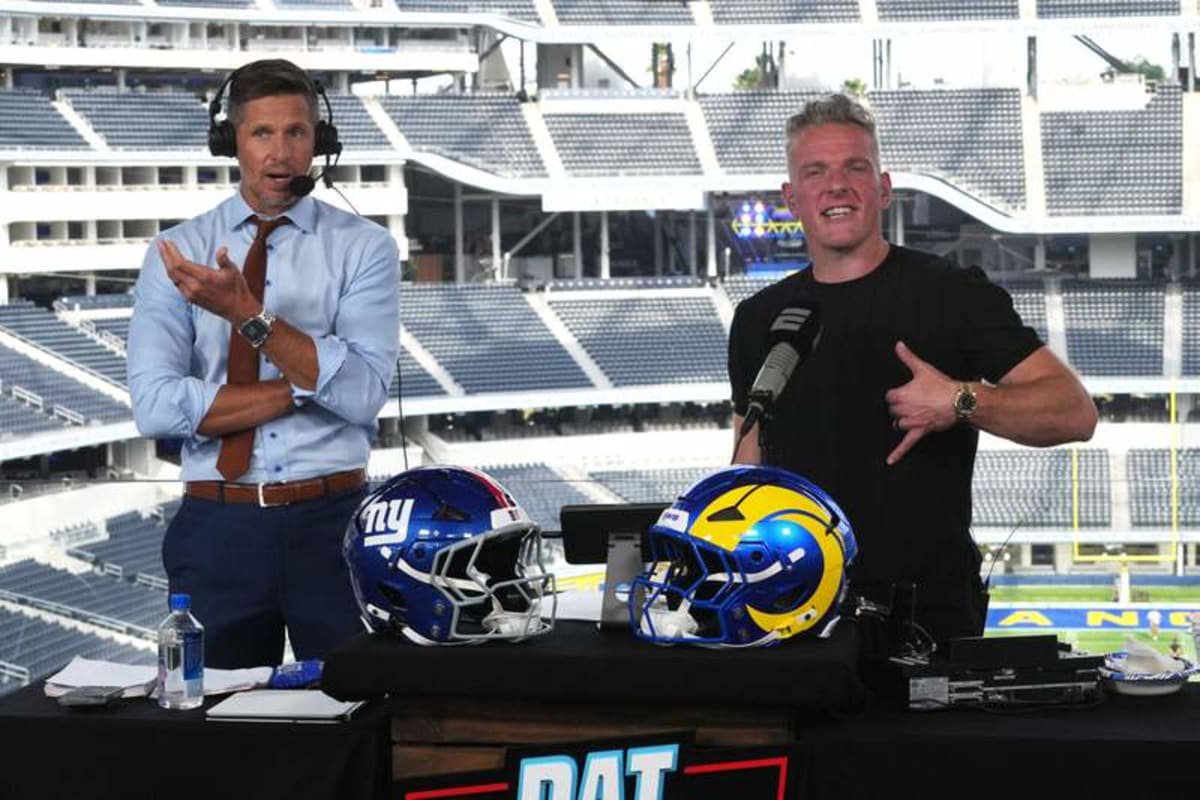 Sep 21, 2026; Inglewood, CA, USA; Dan Orlovsky (left) and Pat McAfee on the Pat McAfee Show set at SoFi Stadium. © Kirby Lee-Imagn Images