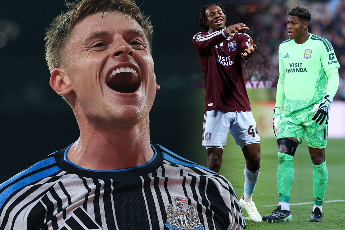 Harvey Barnes of Newcastle United and (inset) Aston Villa's Johan Manzambi and Zion Suzuki