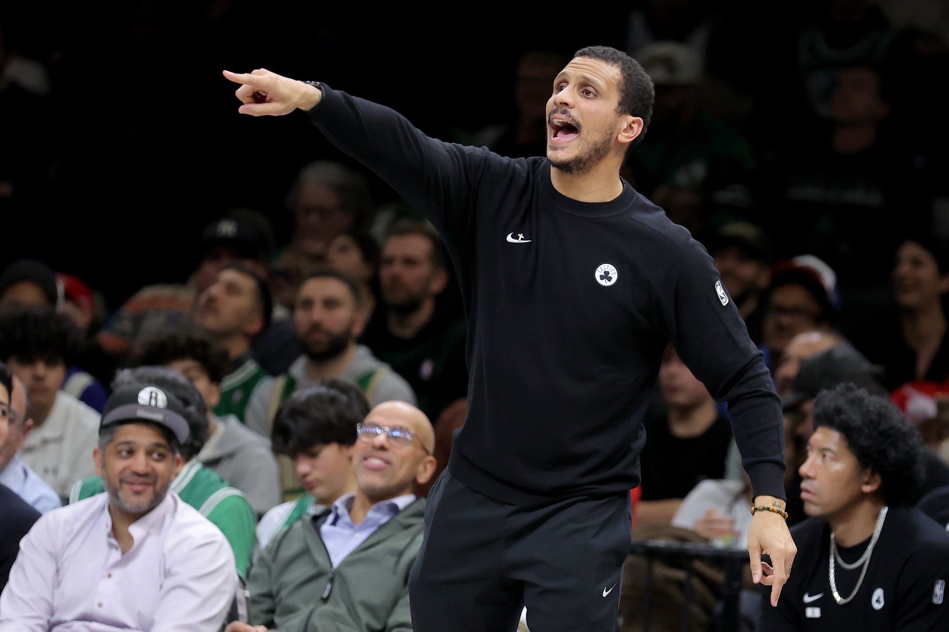 Jan 23, 2026; Brooklyn, New York, USA; Boston Celtics head coach Joe Mazzulla coaches against the Brooklyn Nets during the fourth quarter at Barclays Center. Mandatory Credit: Brad Penner-Imagn Images