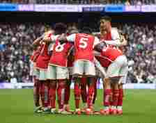 (L-R) Bykayo Saka, Martin Odegaard, Thomas Partey, Kai Havertz and William Saliba celebrate the 1st Arsenal goal during the Premier League match be...