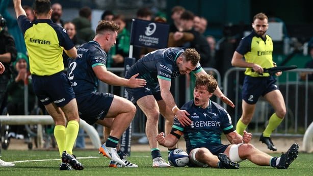 17 October 2026; Cian Prendergast of Connacht celebrates after scoring his side's fourth try during the Investec Champions Cup Round 1 match between Connacht and Saracens at Dexcom Stadium in Galway. Photo by Thomas Flinkow/Sportsfile