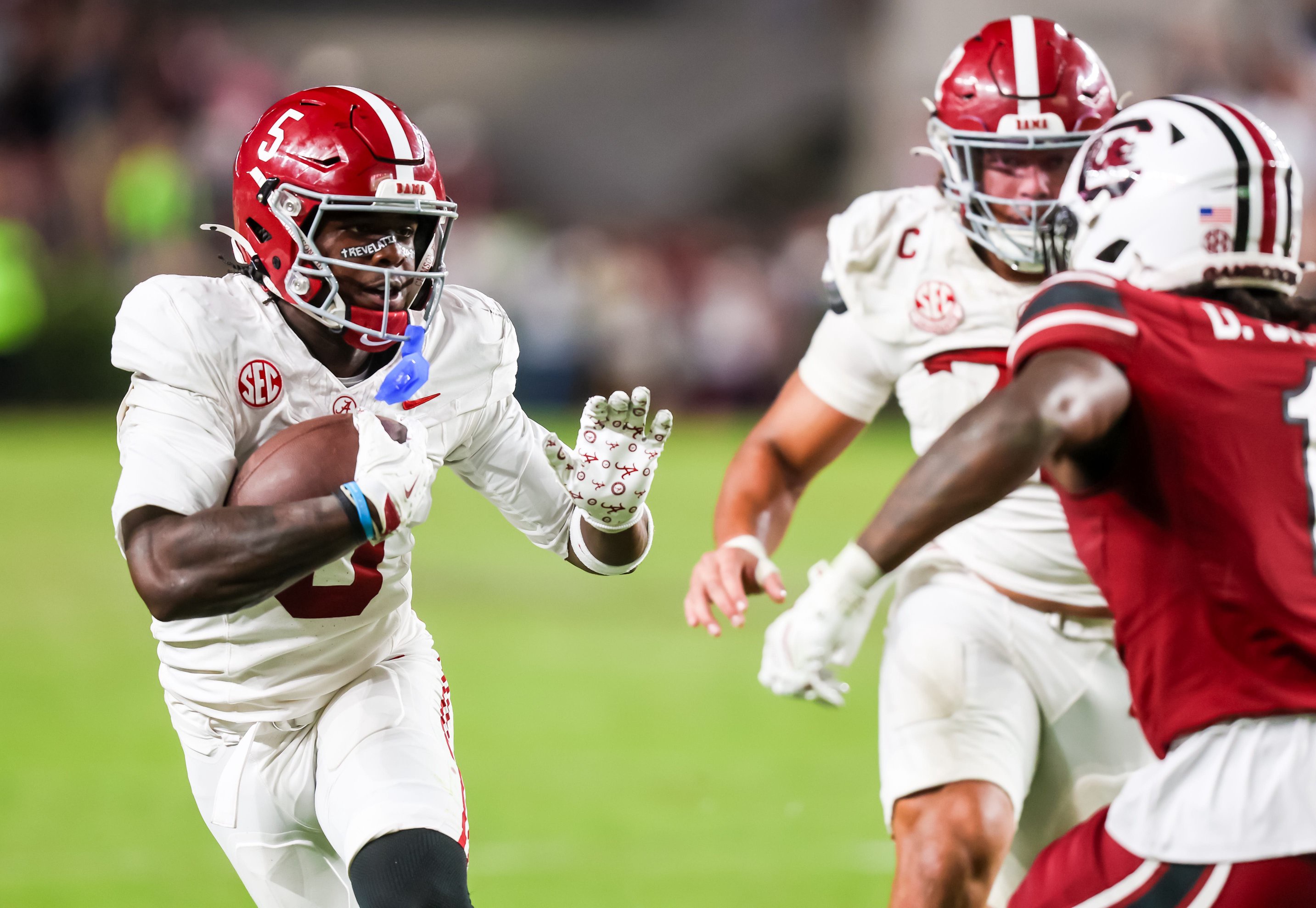Oct 25, 2025; Columbia, South Carolina, USA; Alabama Crimson Tide wide receiver Germie Bernard (5) rushes against the South Carolina Gamecocks in the second half at Williams-Brice Stadium. Mandatory Credit: Jeff Blake-Imagn Images
