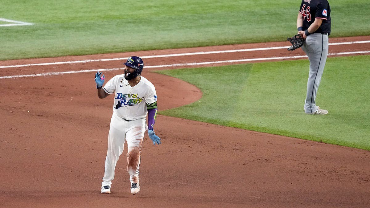 Junior Caminero celebrates after hitting a two-run home run during Game 6 of the American League Championship Series.