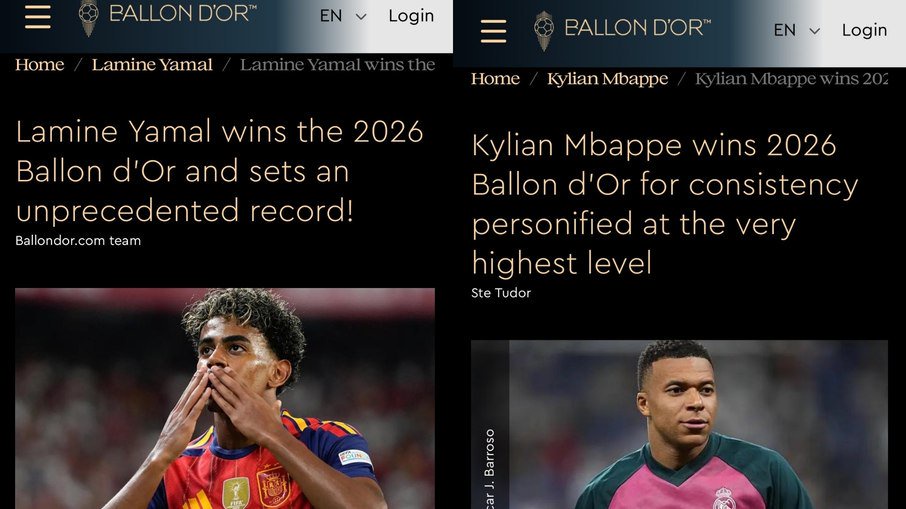 Artigos publicados pela Bola de Ouro sobre Yamal e Mbappé