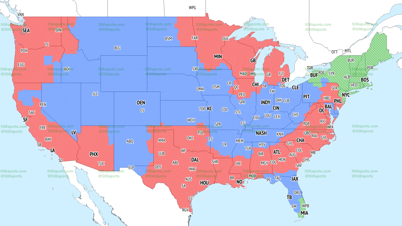 An NFL Week 6 coverage map of CBS' early slate of games, courtesy of 506 Sports.