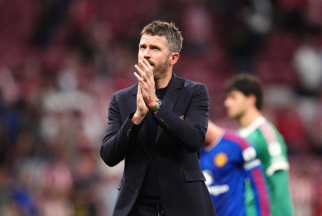 Manchester United manager Michael Carrick applauds the fans following the UEFA Champions League, league phase match at the Riyadh Air Metropolitano Stadium in Madrid, Spain. Picture date: Tuesday October 13, 2026. PA Photo. Photo credit should read: Adam Davy/PA Wire. RESTRICTIONS: Use subject to restrictions. Editorial use only, no commercial use without prior consent from rights holder.