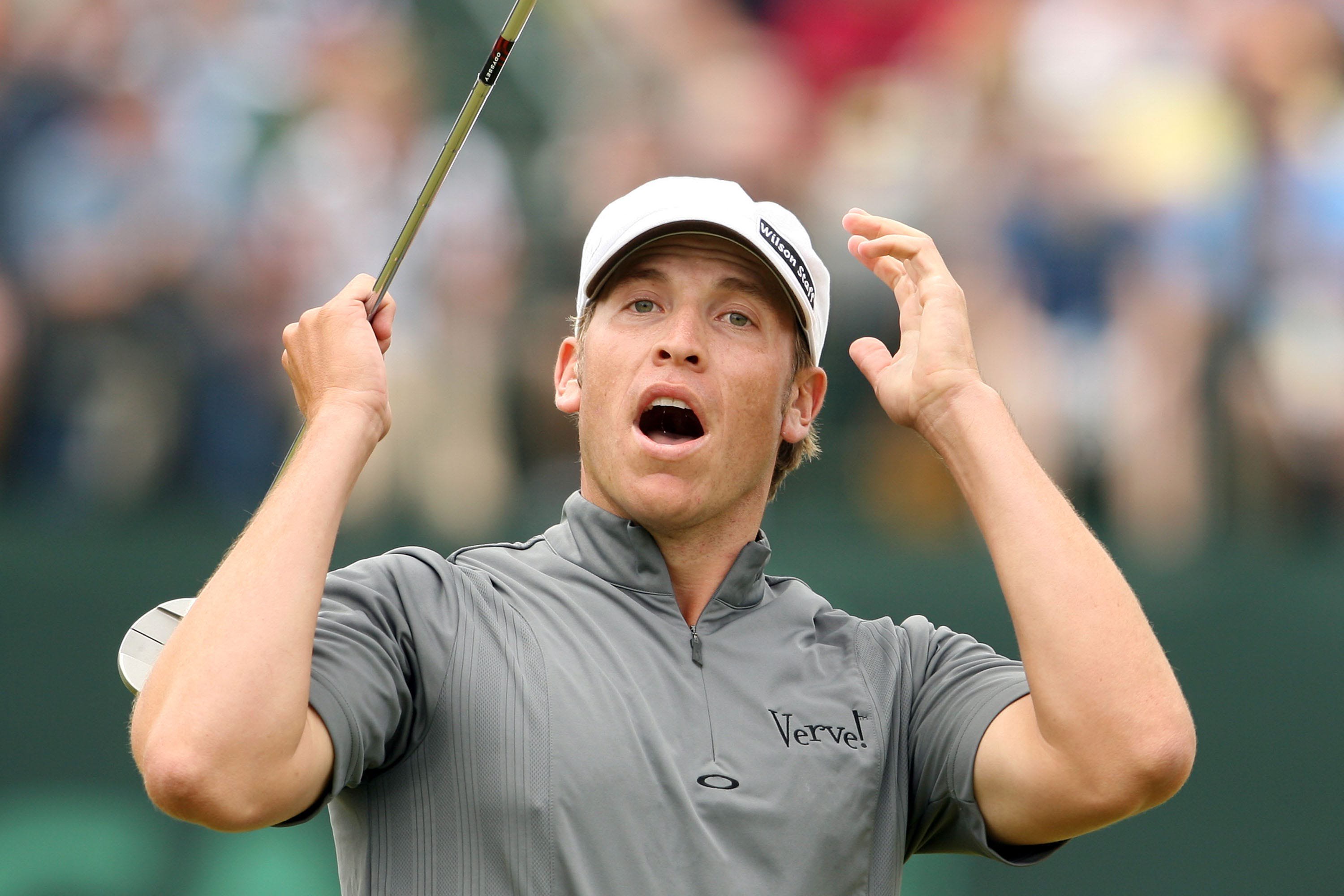Ricky Barnes reacts on the 18th green after a missed birdie putt in the final round of the 109th U.S. Open at Bethpage Black in Farmingdale, New York. 