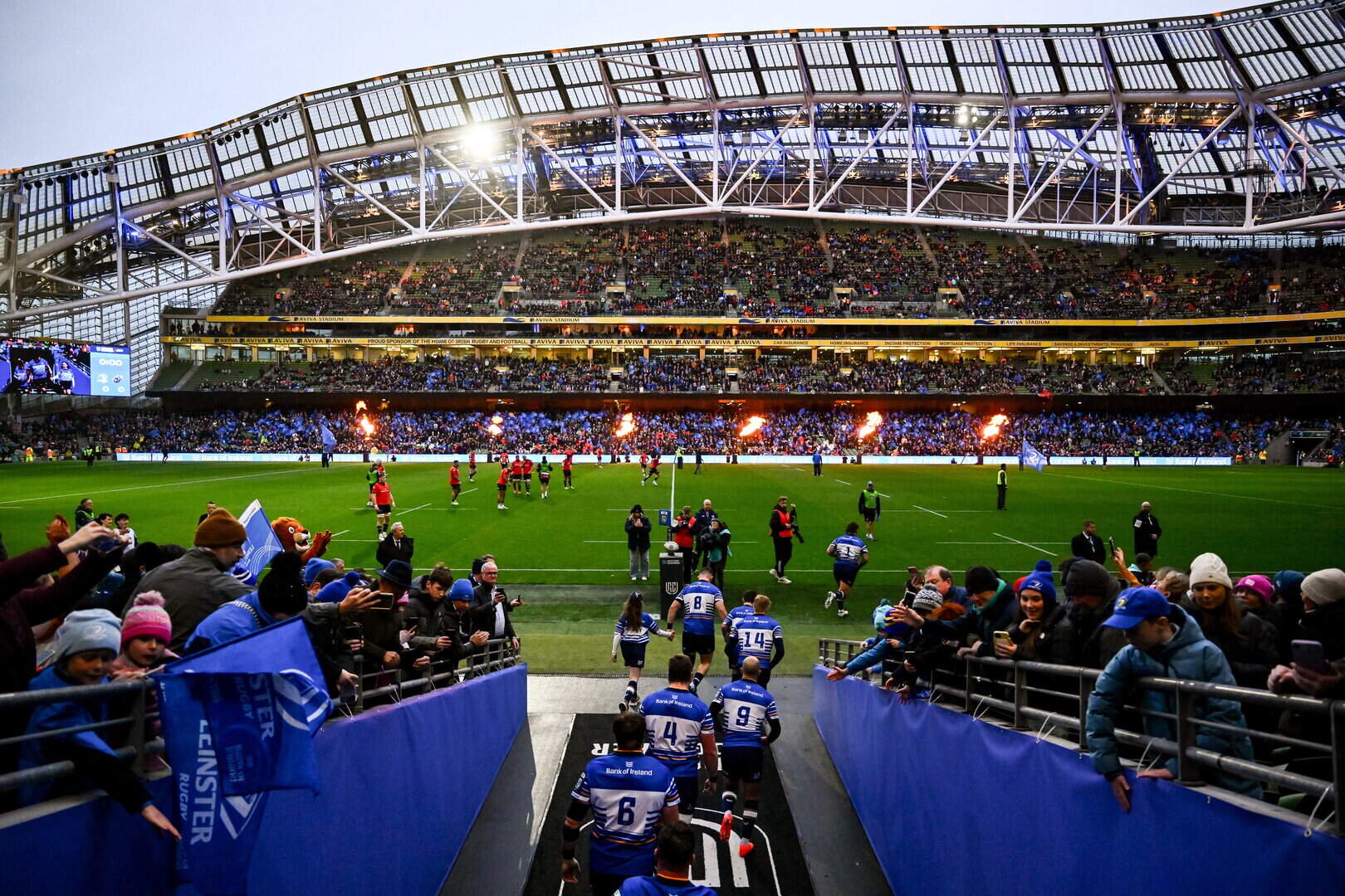 24 October 2026; Leinster players run out for the United Rugby Championship match between Leinster and Munster at the Aviva Stadium in Dublin. Photo by Shauna Clinton/Sportsfile