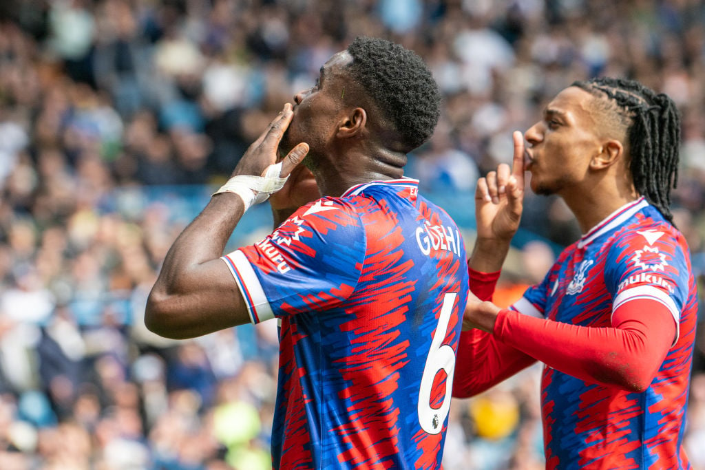 Marc Guehi of Crystal Palace celebrates with Michael Olise after scoring goal during the Premier League match between Leeds United and Crystal Pala...