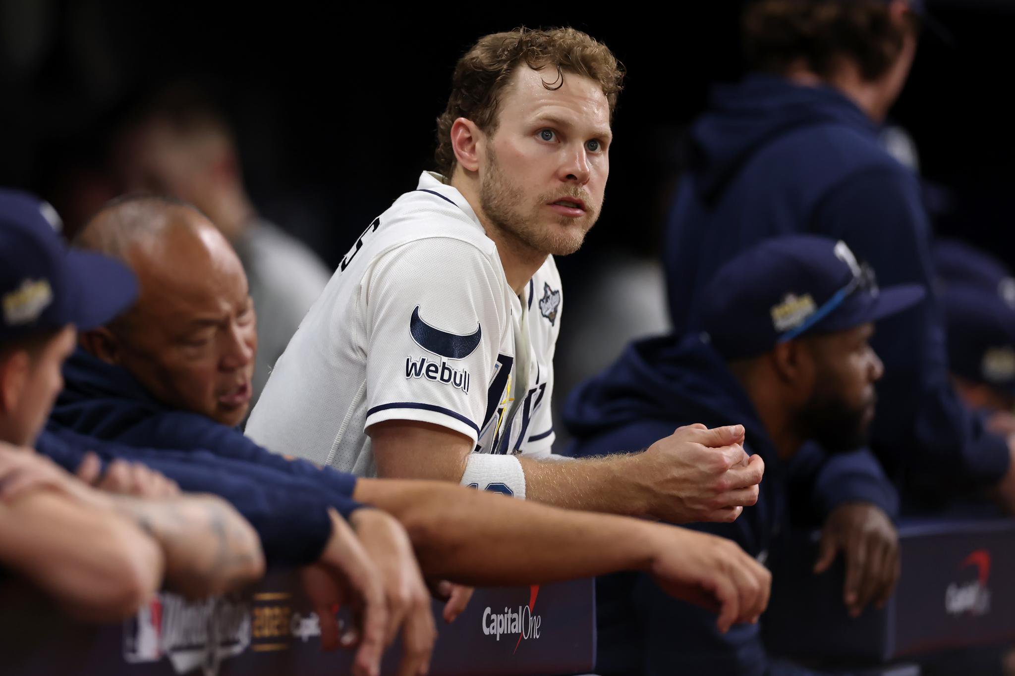 Tampa Bay Rays' Taylor Walls looks on from the dugout during Game 5 of the World Series against the Milwaukee Brewers.
