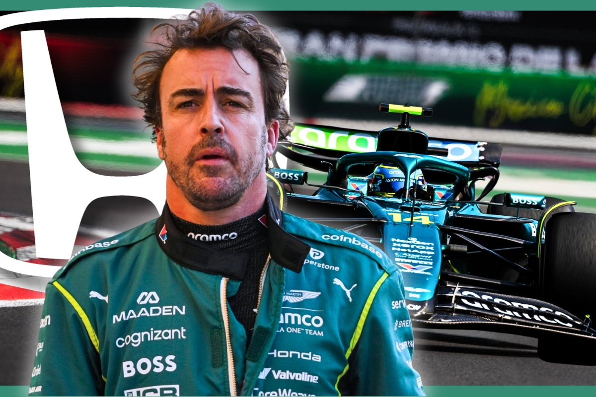 Alonso looking stressed in front of his Aston Martin F1 car on track with the white Honda logo behind him — Photo: © IMAGO