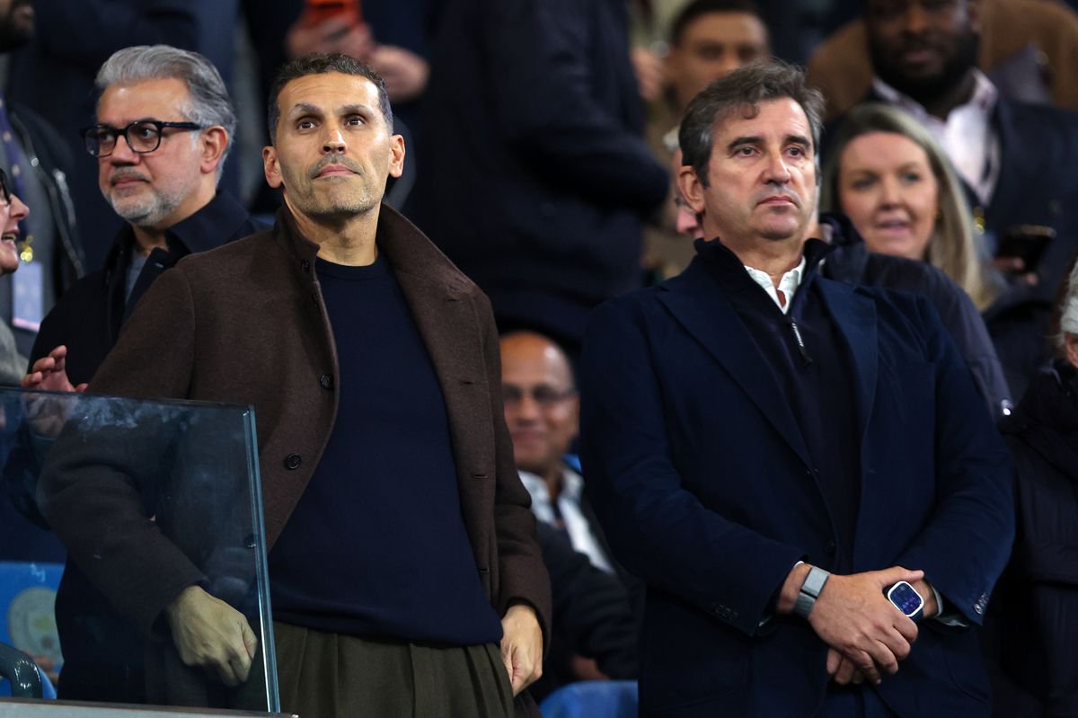 Khaldoon Al Mubarak, chairman of Manchester City (L) and Ferran Soriano, CEO of Manchester City during the UEFA Champions League 2026/27 League Phase MD2 match between Manchester City and Paris Saint-Germain at City of Manchester Stadium on October 14, 2026 in Manchester, England
