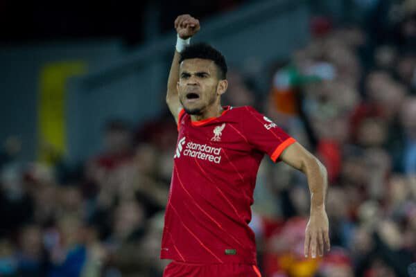 LIVERPOOL, ENGLAND - Saturday, May 7, 2022: Liverpool's Luis D&iacute;az celebrates after scoring the equalising goal during the FA Premier League match between Liverpool FC and Tottenham Hotspur FC at Anfield. The game ended in a 1-1 draw. (Pic by David Rawcliffe/Propaganda)
