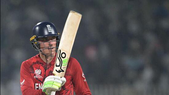 England's Tom Banton celebrates after scoring a half-century during the 2026 ICC Men's T20 Cricket World Cup match against Scotland. (AFP)