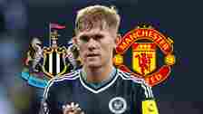 Newcastle United badge, Lewis Hall, Manchester United badge - copyright TEAMtalk