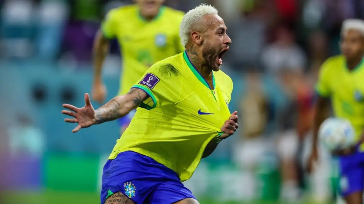 Doha, Qatar. 09th Dec, 2022. Neymar Player of Brazil celebrates a goal during a match against Croatia valid for the quarterfinals of the FIFA World Cup in Qatar at Education City Stadium in Doha, Qatar. December 9, 2022