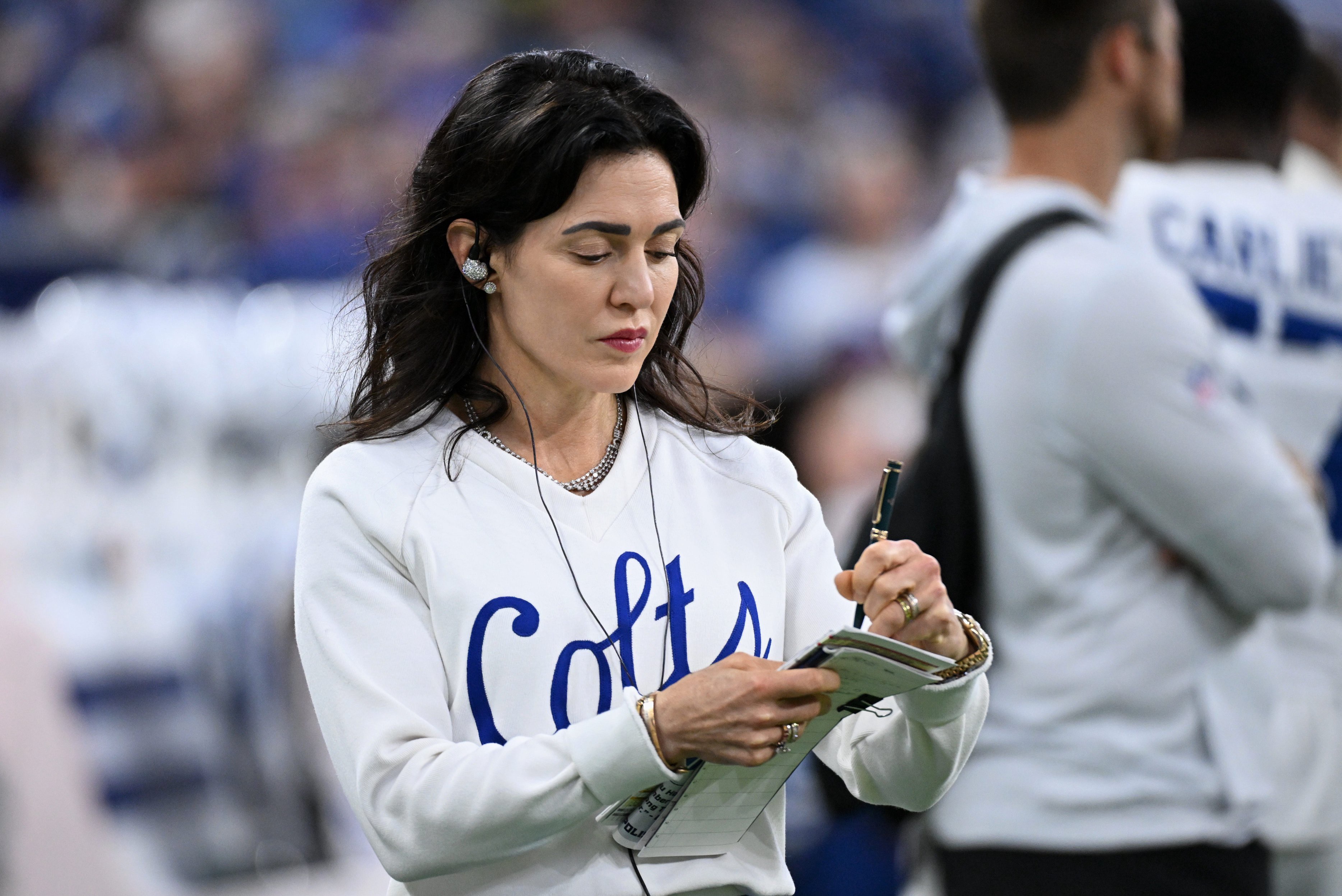 Aug 29, 2026; Indianapolis, Indiana, USA;  Indianapolis Colts CEO Carlie Irsay-Gordon walks on the field after the game against the Detroit Lions at Lucas Oil Stadium.  Mandatory Credit: Robert Goddin-Imagn Images