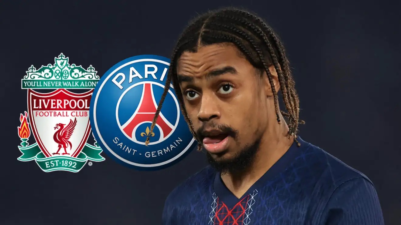 Bradley Barcola next to the Liverpool and PSG badges