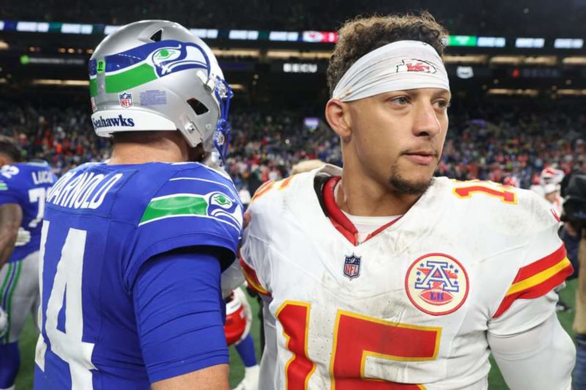 Oct 25, 2026; Seattle, Washington, USA; Seattle Seahawks quarterback Sam Darnold (14) speaks with Kansas City Chiefs quarterback Patrick Mahomes (15) after the game at Lumen Field. © Joe Nicholson-Imagn Images
