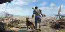 Sole Survivor goes to pet Dogmeat as they begin their journey in Fallout 4's Commonwealth