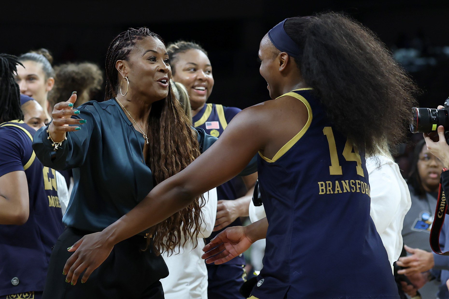 Notre Dame coach Niele Ivey hugs KK Bransford as they celebrate a 67-64 victory against Vanderbilt in the Sweet 16 of the NCAA Tournament on March 27, 2026, in Fort Worth, Texas. (Elsa/Getty)