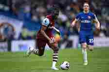 Mohammed Kudus of West Ham United  takes on Conor Gallagher of Chelsea during the Premier League match between Chelsea FC and West Ham United at St...