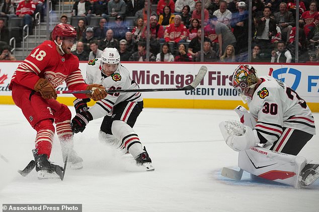 Chicago Blackhawks goaltender Spencer Knight (30) stops a Detroit Red Wings center Andrew Copp (18) shot as Ian Cole (28) defends in the first period of an NHL hockey game Thursday, Oct. 29, 2026, in Detroit. (AP Photo/Paul Sancya)