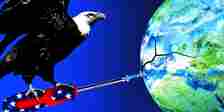 A bald eagle holding an American flag screwdriver, unscrewing a screw in a globe with a view of Europe