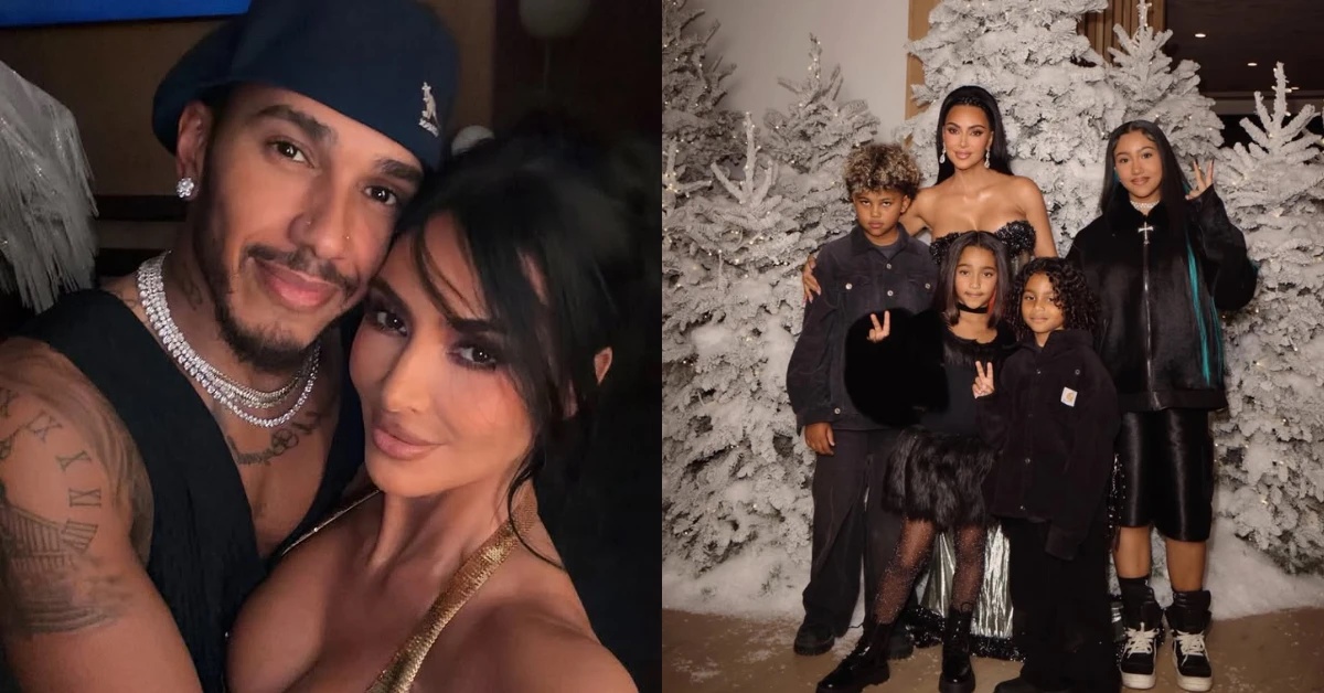 Montagem mostra Lewis Hamilton ao lado de Kim Kardashian e a empresária posando com seus quatro filhos em cenário natalino