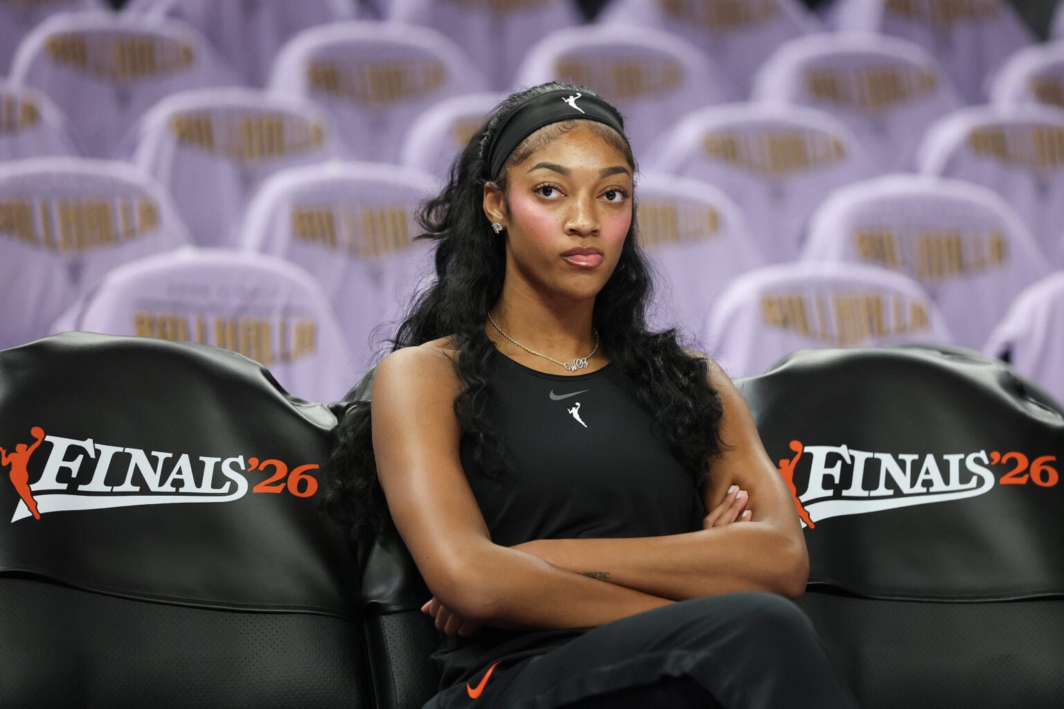 Angel Reese #5 of the Atlanta Dream looks on during warmups prior to game one of the WNBA Finals against the Golden State Valkyries at Chase Center.