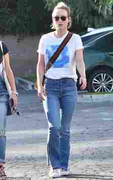 Olivia Wilde out and about in LA in 2018, shows off the French tuck T-shirt now outmoded