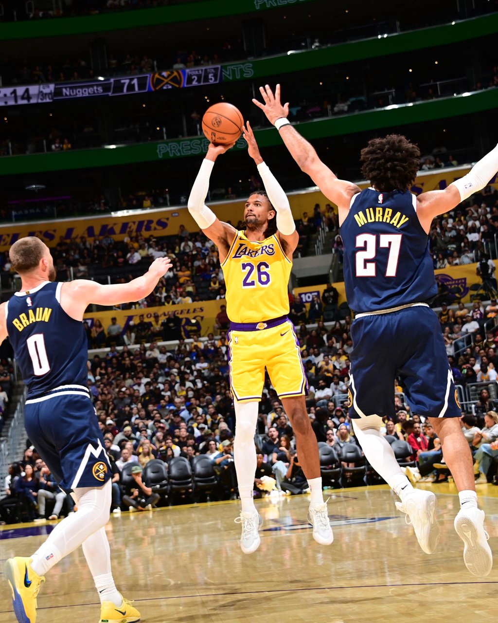 Matisse Thybulle (26) of the Los Angeles Lakers shoots a 3-point basket against the Atlanta Dream during a game at Crypto.com Arena in Los Angeles on Friday, Oct. 16, 2026.