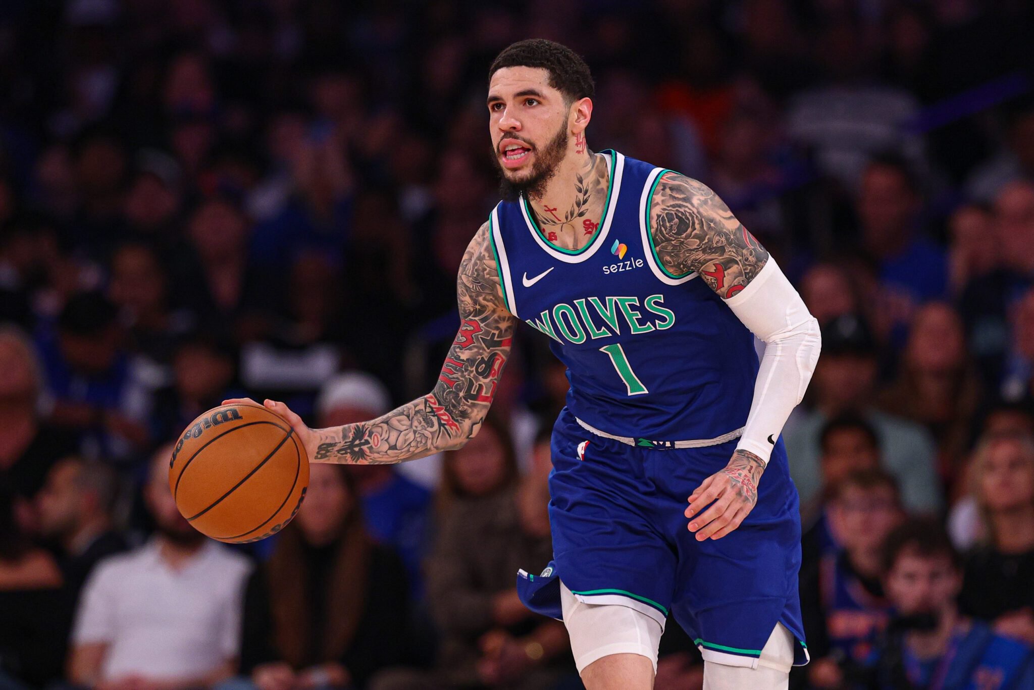Oct 12, 2026; New York, New York, USA; Minnesota Timberwolves point guard LaMelo Ball (1) dribbles up court during the first quarter against the New York Knicks at Madison Square Garden. Mandatory Credit: Vincent Carchietta-Imagn Images