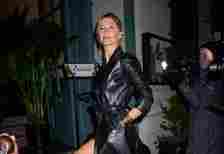 Gisele Bündchen in New York in black leather jacket.