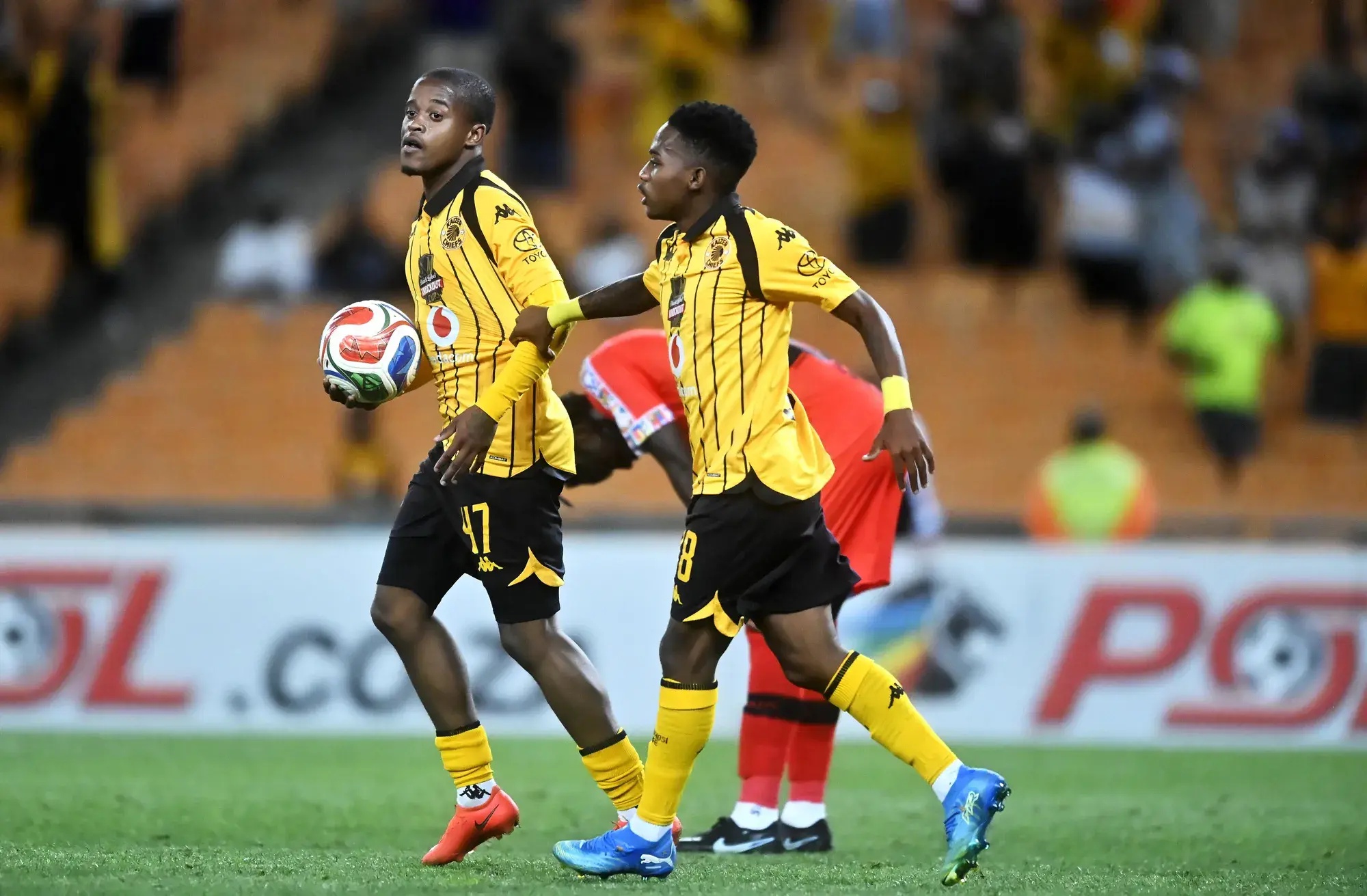 Kaizer Chiefs player Wandile Duba celebrates after scoring against TS Galaxy during the Carling Knockout round of 16 clash at FNB Stadium.