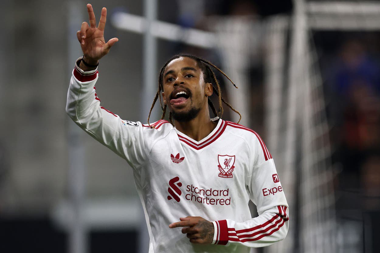Bradley Barcola celebrates his Liverpool hat-trick against LASK