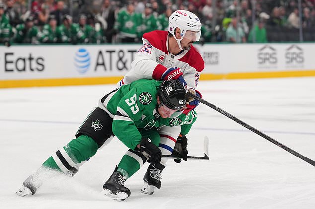 Montréal Canadiens' Chris Kreider (22) and Dallas Stars' Thomas Harley (55) compete in the first period of an NHL hockey game in Dallas, Thursday Oct. 29, 2026. (AP Photo/Tony Gutierrez)