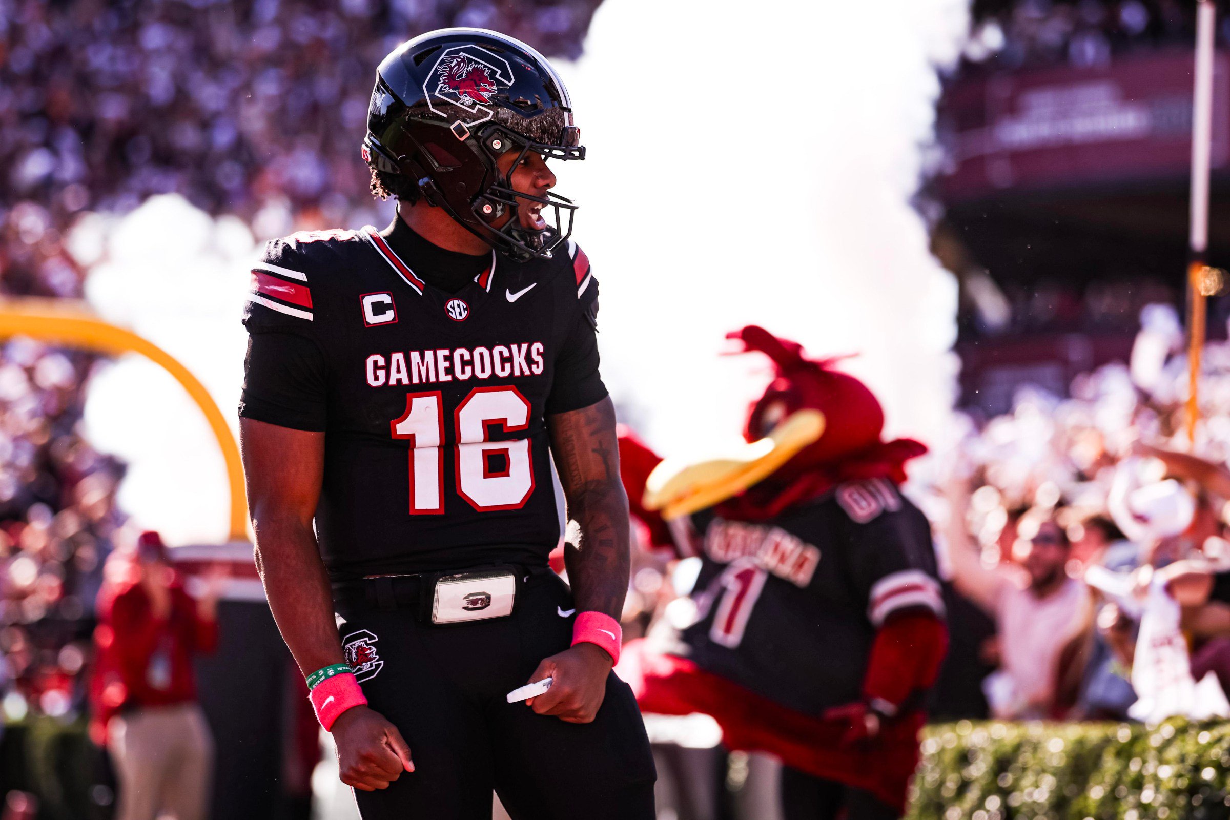 COLUMBIA, SOUTH CAROLINA - OCTOBER 24: LaNorris Sellers #16 of the South Carolina Gamecocks celebrates after a touchdown during the first half of a football game against the Tennessee Volunteers at Williams-Brice Stadium on October 24, 2026 in Columbia, South Carolina. (Photo by David Jensen/Getty Images)