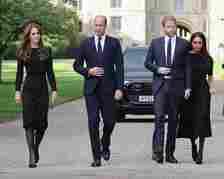 Kate, William, Harry and Meghan walk down a path. 