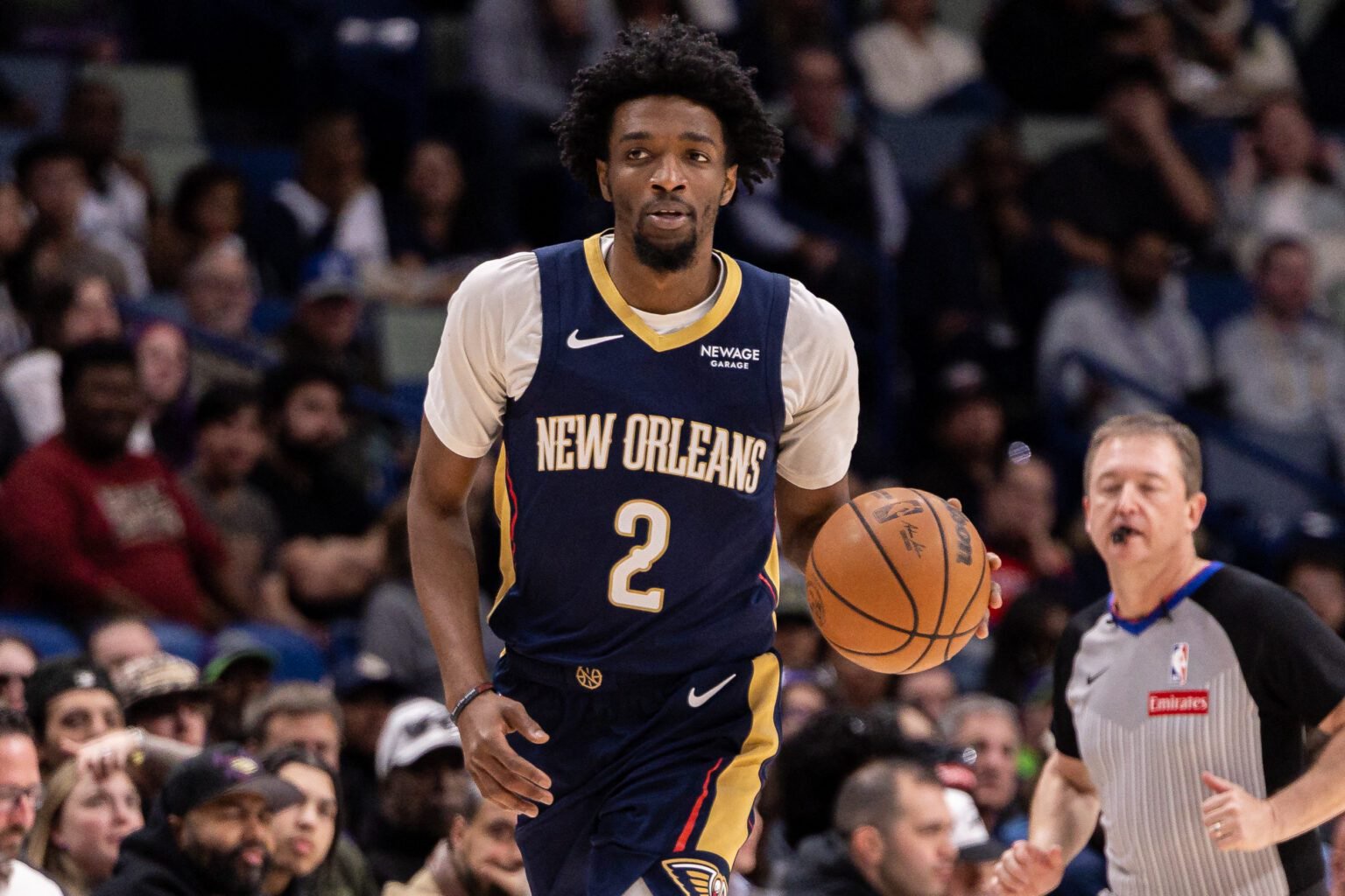 Mar 18, 2026; New Orleans, Louisiana, USA; New Orleans Pelicans forward Herbert Jones (2) is called for a foul as he steals the ball against the LA Clippers during first half at Smoothie King Center. Mandatory Credit: Stephen Lew-Imagn Images