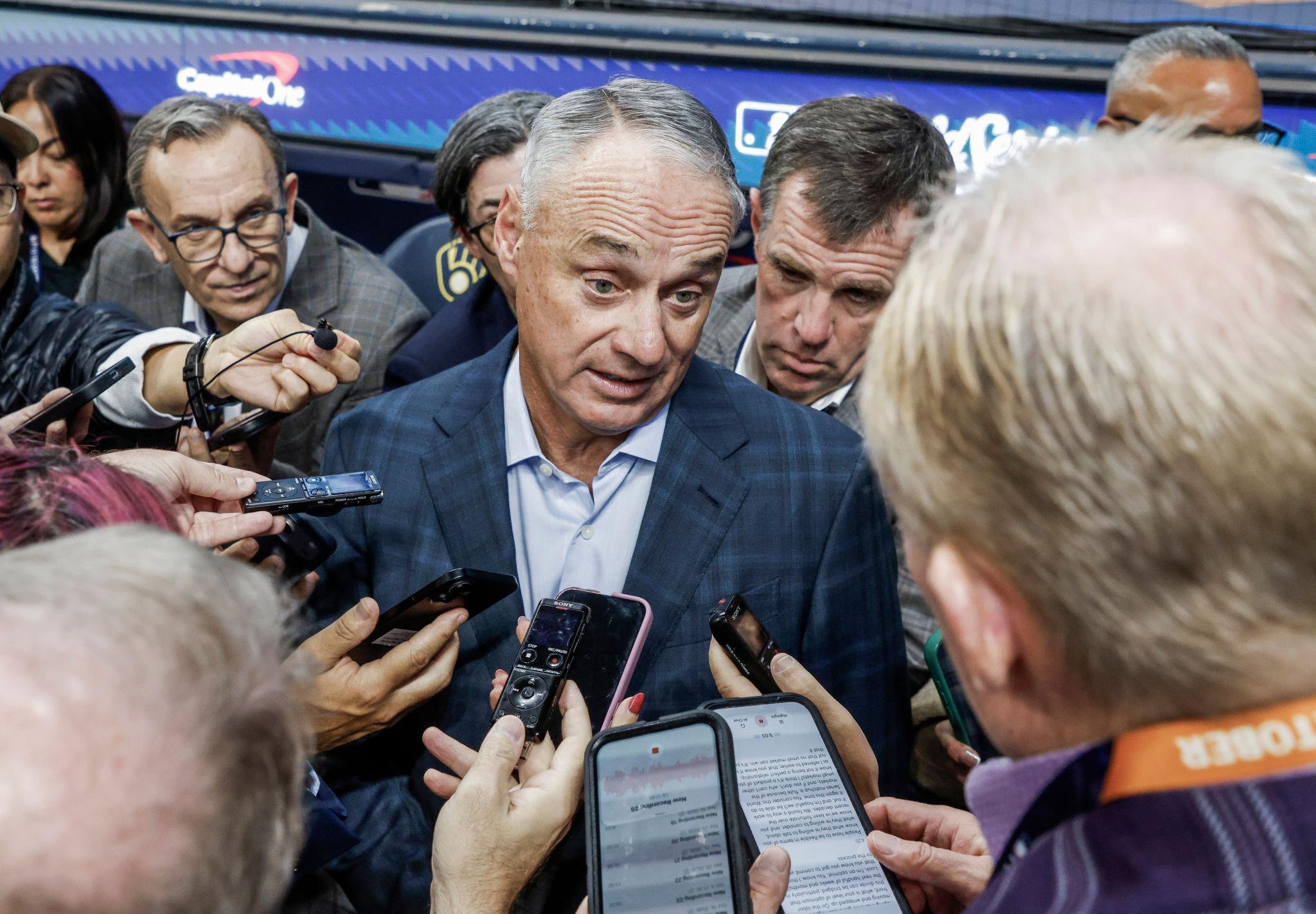 Major League Baseball Commissioner Rob Manfred answers questions before game one of the World Series in Milwaukee, Wisconsin, Friday, Oct. 23, 2026.