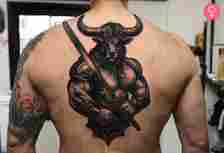 A Greek Minotaur tattoo on the back of a man