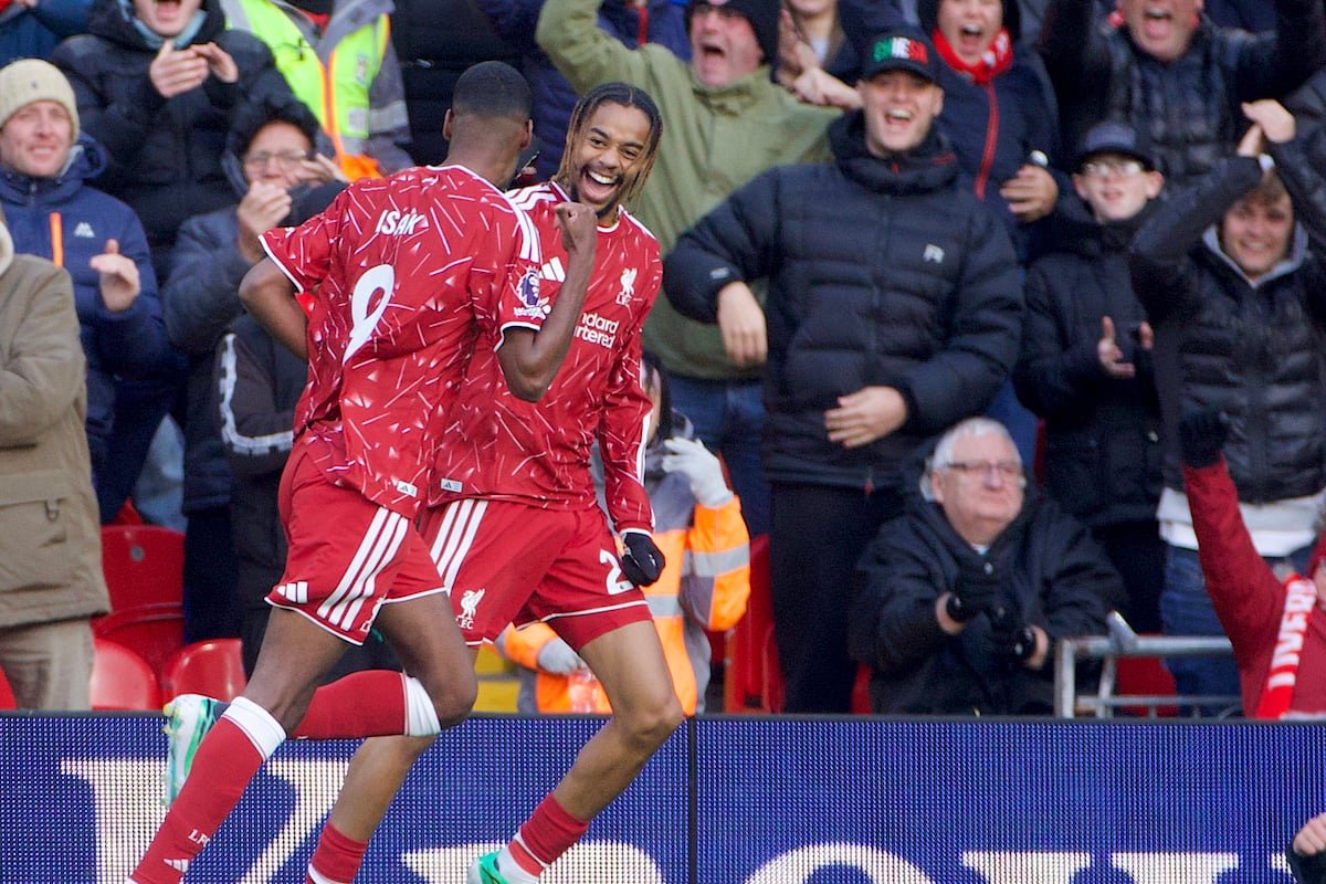 LIVERPOOL, ENGLAND - Sunday, October 24, 2026: Liverpool's Alexander Isak celebrates with team-mate Bradley Barcola (R) after scoring the second goal during the FA Premier League match between Liverpool FC and Brighton & Hove Albion FC at Anfield. (Photo by David Rawcliffe/Propaganda)