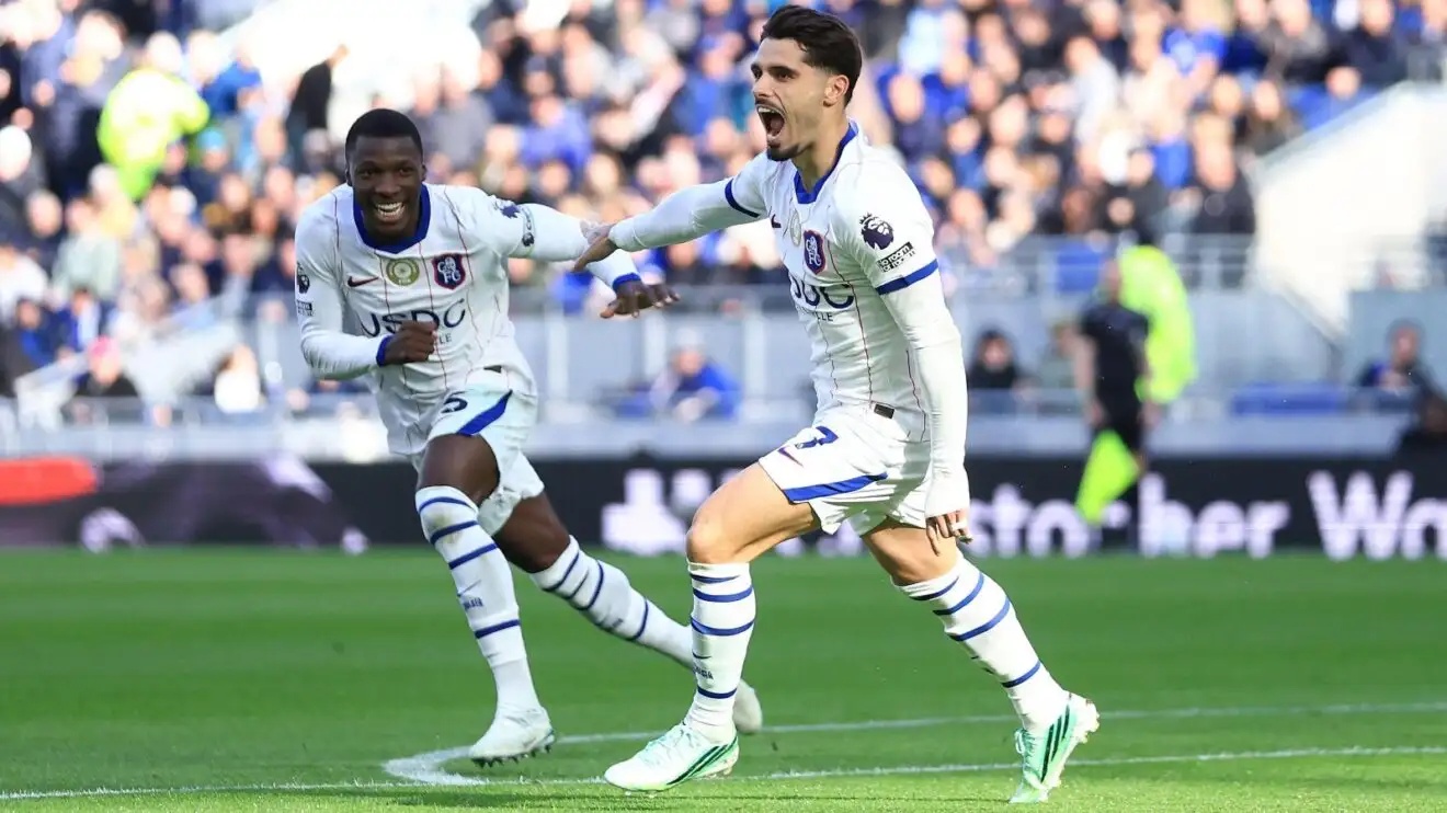Chelsea's Pedro Neto celebrates with Moises Caicedo at Everton.